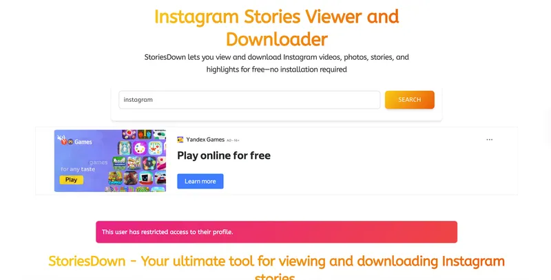 A StoriesDown Instagram viewer clone page. A StoriesDown Instagram viewer clone page.