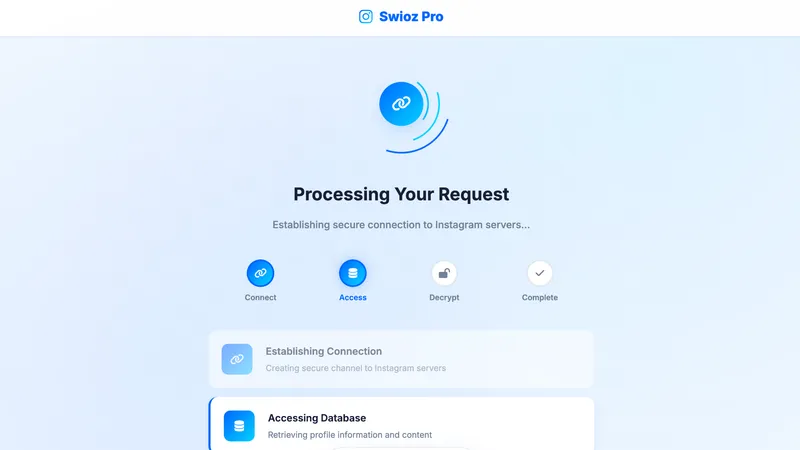 Swioz Instagram viewer showing fake loading progress that stops before a human verification prompt Swioz Instagram viewer showing fake loading progress that stops before a human verification prompt