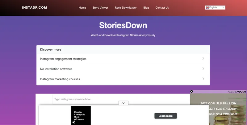 A StoriesDown Instagram viewer clone page. A StoriesDown Instagram viewer clone page.